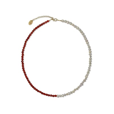 CO88 Collection 8CN-26324 Parelketting met Rode Stenen Kralen - Dames - Rode Natuursteen - Parel - Staal - Kraal 4 mm - 40 + 5 cm Lengte - Rood/Wit /Goudkleurig