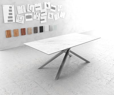 Eettafel Edge Laminam® keramiek wit 200x100cm middenvoet kruis zilver