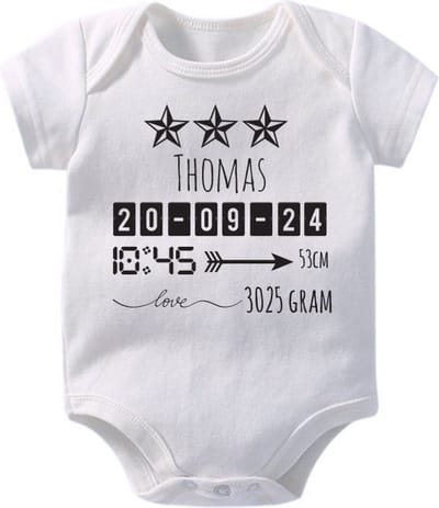 Hospitrix Baby Rompertje met Geboortegegevens Zwart Jongen | Korte Mouw | Cadeau voor Zwangerschap | Bekendmaking | Aankondiging