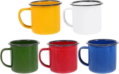 Vintage Emaille Mokken Set van 5, Retro Drinkbekers voor Koffie, Thee en Wijn, Diverse Kleuren