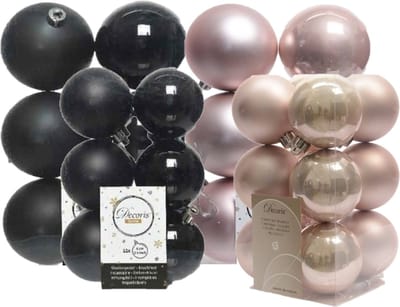 36x stuks kunststof kerstballen zwart en lichtroze 6 en 8 cm - Kerstversiering/kerstboomversiering