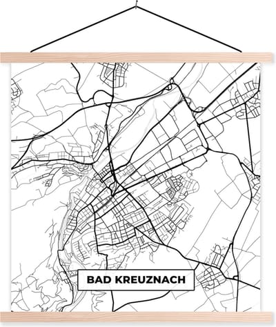 Posterhanger incl. Poster 40x40 cm - Schoolplaat - Plattegrond - Bad Kreuznach - Stadskaart - Kaart - Textielposter - Blanke latten - Stadskaart