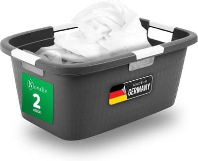Novaliv 2-delige wasbak met 4 handgrepen 40L antraciet, wasboxset wasemmer wascontainer voor badkamerwas vuile was, wasbakken wasmand huishoudmand verzamelbox