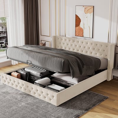 SINGULARITY-Gestoffeerd tweepersoonsbed 140 x 200 Bedbodem bekleed met vuilafstotende zwarte fleecestof- beige- zonder matras