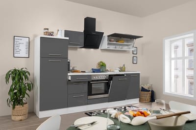 Goedkope keuken 280  cm - complete keuken met apparatuur Amanda  - Wit/Grijs - soft close - keramische kookplaat - vaatwasser - afzuigkap - oven    - spoelbak