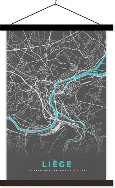 Posterhanger incl. Poster 40x60 cm - Schoolplaat - Kaart – Plattegrond – Stadskaart – Liège – België - Grijs - Textielposter - Zwarte latten - Stadskaart