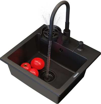 GRANITAN Spoelbak Granieten Teor 445x415mm - Spoelbakken met Kraan Wasmachine en Sifon - Zwart