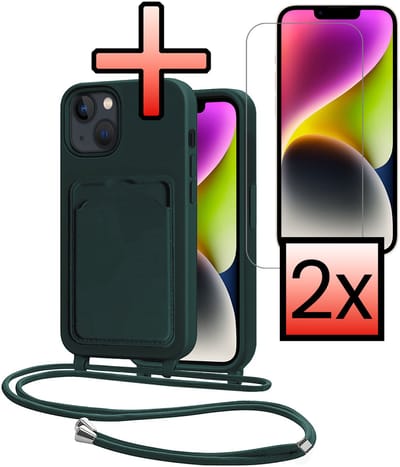 Hoes Geschikt voor iPhone 13 Hoesje Pasjeshouder Cover Met Koord Case Siliconen Hoes Met Telefoonkoord en Kaarthouder Met 2x Screenprotector - Donkergroen