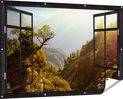 Gards Tuinposter Doorkijk Bos in de Bergen met Zonneschijn - Kleur - 150x100 cm - Tuindoek - Tuindecoratie - Wanddecoratie buiten - Tuinschilderij