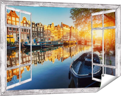 Gards Tuinposter Doorkijk Amsterdamse Gracht bij Zonsondergang - 120x80 cm - Tuindoek - Tuindecoratie - Wanddecoratie buiten - Tuinschilderij