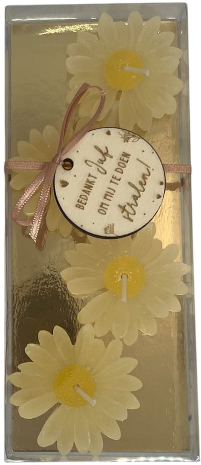 Cadeaudoosje kaarsjes JUF | geel | bloemen | jij bent de liefste | liefste juf | topjuf | einde schooljaar | cadeau