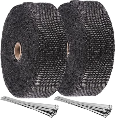 SnelShoppen - 2 stuks 15m x 50mm Hittewerend Band, Basaltvezel Uitlaatband, Thermoband met 20 Roestvrijstalen Kabelbinders, Zwart voor Motor en Auto W