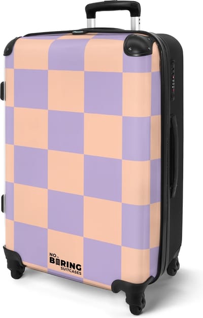 NoBoringSuitcases.com® - Koffer groot - Rolkoffer lichtgewicht - Paars met roze schaakbord print - Reiskoffer ruimbagage met 4 wielen - Grote trolley bagagekoffer XL - 20 kg bagage