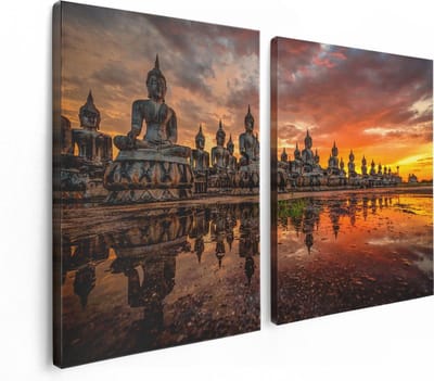 Artaza Canvas Schilderij Tweeluik Boeddha Beelden Tijdens Zonsondergang - 120x80 - Foto Op Canvas - Canvas Print