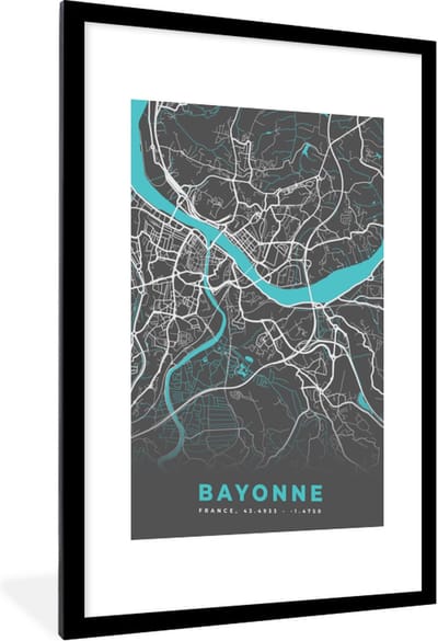 Fotolijst incl. Poster - Bayonne - Plattegrond - Kaart - Stadskaart - Frankrijk - 60x90 cm - Posterlijst