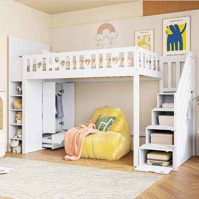 REDOM Kinderbed hoogslaper 90x200 cm van grenenhout/MDF – Met opbergladder, regalen en kast – Wit