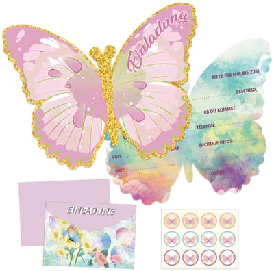 Dailygoods- Vlinderuitnodigingskaarten 12 stuks - Feestuitnodigingen - Verjaardagsuitnodigingen - Uitnodiging Kinderverjaardag - Met Enveloppen/Stickers - Hoogwaardig Papier 13x10,7 cm