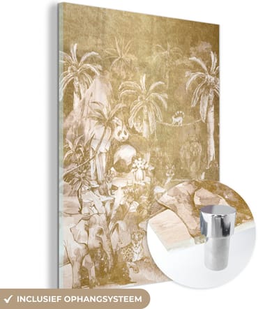 MuchoWow® Glasschilderij 30x40 cm - Schilderij acrylglas - Jungle - Goud - Kinderen - Planten - Dieren - Foto op glas - Schilderijen