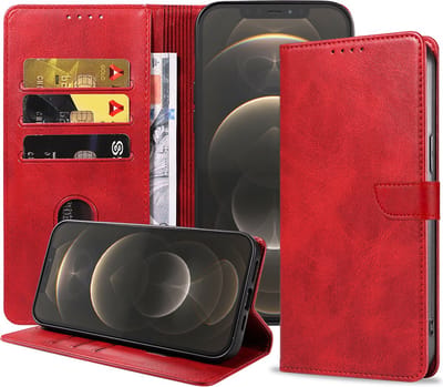 Geschikt voor iPhone 12 Pro Max Telefoonhoesje Kunstleer met Magnetisch lipje en Pasjeshouder Book Case met Klepje - Rood - Smartphonica geschikt voor iPhone 12 Pro Max