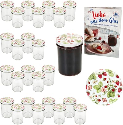 Set van 25 stuks sturzglas 230 ml HOCH To 66 bosbessen deksels incl. Diamant Gelierzauber receptenboek
