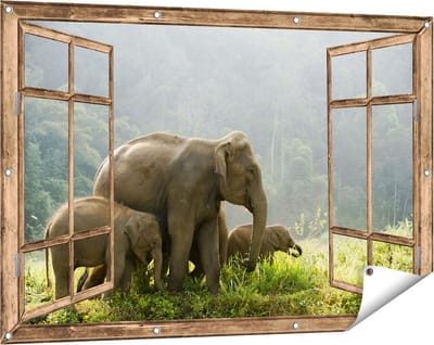 Gards Tuinposter Doorkijk Olifanten Familie in de Jungle - Olifant - 120x80 cm - Tuindoek - Tuindecoratie - Wanddecoratie buiten - Tuinschilderij