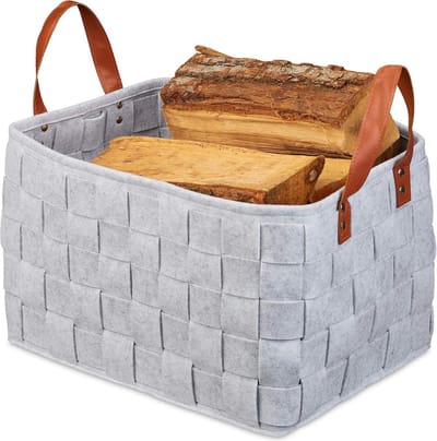 Haardhoutopslag - Houtopberging Vilten mand opbergmand vilt opvouwbare houtmand vilttas met hengsels - 26 x 40 x 30 cm - lichtgrijs