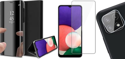Hoesje geschikt voor Samsung Galaxy A22 5G - Bookcase Zwart - Screenprotector - Camera Screen Protector - Spiegel Hoes
