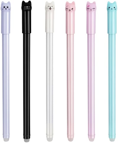 Dailygoods - 6 stuks uitwisbare balpen, 0,5 mm gelpennen, uitwisbaar, rollerbalpen met blauwe inkt, uitwisbare pen in het ontwerp van schattige katten, voor school en kantoorbenodigdheden