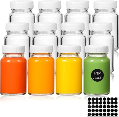 Famanu - Set van 12 mini-shotflessen 60 ml met etiketten, geschikt voor etherische oliën, gembershot en whisky – Transparant