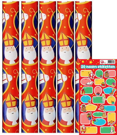 Sinterklaaspapier Pakpapier inpakpapier - 3 meter x 70 cm - 5 rollen - Incl. 20 Sint Naamstickers