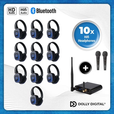 Origineel Dolly Digital® Silent Disco set: 10 draadloze HiFi-koptelefoons + dubbele microfoon – oneindig uitbreidbaar | Bluetooth
