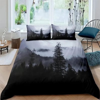 Smoky Mountain Dekbedovertrekset Misty Forest Bedding Set Full Queen Size Grijs Bomen Natuurlandschap Kunst Dekbedovertrek 175X220cm-3pcs