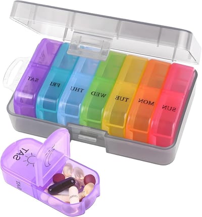 Pillendoos voor 7 Dagen met 2 Compartimenten, Ideaal voor Medicijnen en Vitaminen, Handige Reisorganizer met 14 Grote Compartimenten in Regenboogkleuren