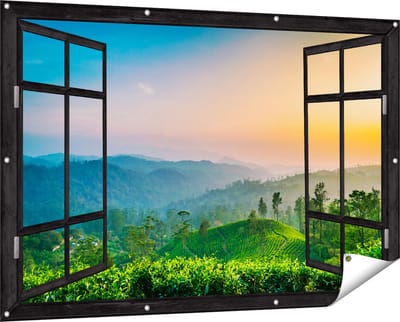 Gards Tuinposter Doorkijk Zonsondergang op een Thee Plantage - 150x100 cm - Tuindoek - Tuindecoratie - Wanddecoratie buiten - Tuinschilderij