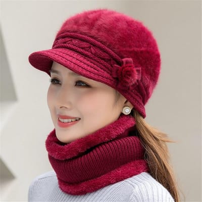 Nieuwe damesmuts Warm houden muts Voeg bont gevoerde muts en sjaal toe Warme mutsen voor dames Casual konijnenbont Winter gebreide muts 55cm-58cm