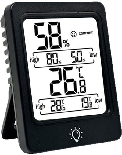 Digitale thermo-hygrometer met groot LCD scherm – binnen thermometer en luchtvochtigheidsmeter met comfortindicatie, max/min geheugen en achtergrondverlichting – zwart
