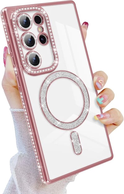 Diamant Glitter Telefoonhoesje Geschikt voor Magsafe met Camera Bescherming voor Samsung Galaxy S22 Ultra - FuturiQ - Roze