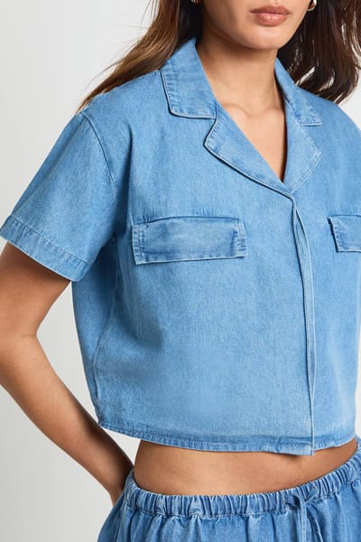 boohoo Dames Chambray Cropped Shirt Met Korte Mouwen | Medium Gebleekt | Maat: 34
