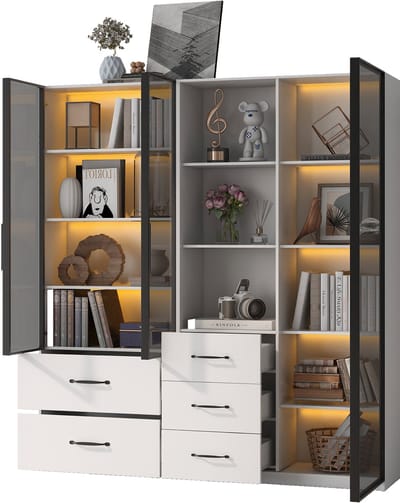 DESMIU Vitrinekast - Modulaire Opbergkast Met LED Verlichting En Glasdeuren - Voor Woonkamer Keuken Of Werkkamer - Spaanplaat - 140x40x160 Cm - Wit
