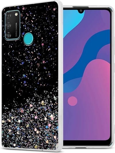 Cadorabo Hoesje geschikt voor Honor 9A in Zwart met Glitter - Beschermhoes van flexibel TPU silicone met fonkelende glitters Case Cover Etui