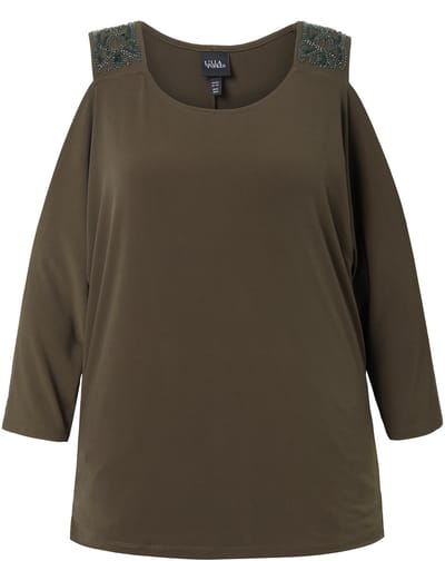 Ulla Popken - Dames - T-shirt comfortabele pasvorm cut-out bij de schouder - Olijfgrijs - Maat 54+