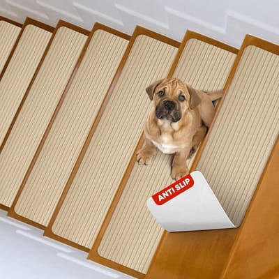 Set van 15 traptreden, 20,5 x 76,5 cm, antislip veiligheidsmat voor binnen, antislipmat voor kinderen, ouderen en huisdieren met herbruikbare kleeflaag,Beige