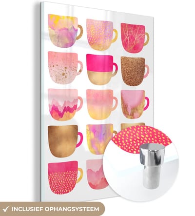 MuchoWow® Glasschilderij 30x40 cm - Schilderij acrylglas - Design - Koffiekop - Roze - Patronen - Foto op glas - Schilderijen