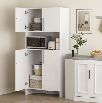 MEUNIQ keukenkast wit 79 x 40 x 175 cm met twee opbergvakken, ruim werkblad voor magnetron of koffiezetapparaat, voor keuken, eetkamer en woonkamer