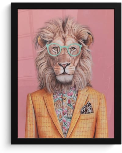 Poster in lijst - Fotolijst 30x40 cm - Posters - Leeuw - Pak - Geruit - Bril - Posterlijst zwart - Decoratie - Wanddecoratie woonkamer - Muurdecoratie slaapkamer