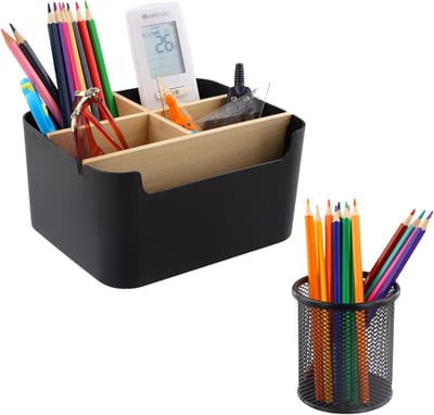 Houten Multifunctionele Bureau Organizer met 5 Compartimenten voor Pennen, Kantoorbenodigdheden en Cosmetica