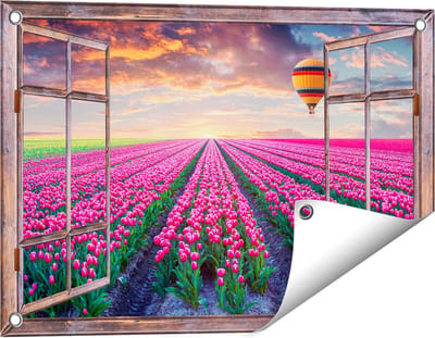 Gards Tuinposter Doorkijk Bloemenveld met Roze Tulpen - Luchtballon - 60x40 cm - Tuindoek - Tuindecoratie - Wanddecoratie buiten - Tuinschilderij