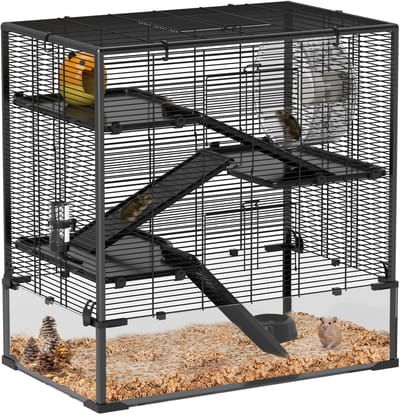 PawHut Hamsterkäfig für Zwerghamster, 4-stufiges Nagerkäfig mit Glasboden, Hütte, Laufrad, Rampen, Futterschale, Kleintierkäfig Zwerghamsterkäfig 78,5 x 48,5 x 80 cm Schwarz