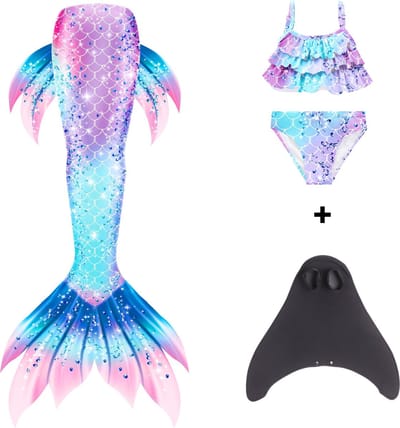 Joya Kids® Zeemeerminstaart met bikini met MONOVIN verkleed set Blauw en Paars | Staart met bijpassende bikini | Mermaid Staart | Prinsessen jurk | Zeemeermin Verkleedkleding meisje | Maat 110 | Incl MONOVIN