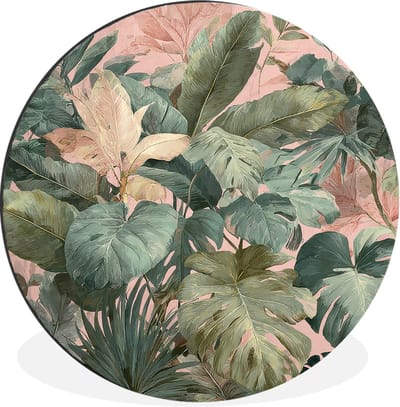 WallCircle - Wandcirkel - Muurcirkel - Compositie van bladeren - Groen - Roze - Aluminium - Dibond - 30x30 cm - Binnen en Buiten
